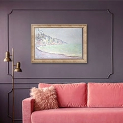 «Cliffs at Pourville, 1896» в интерьере гостиной с розовым диваном