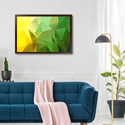 «Полигональная абстракция» в интерьере современной гостиной над синим диваном