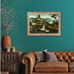 «Пейзаж с отдыхом в Египет» в интерьере гостиной с зеленой стеной над диваном