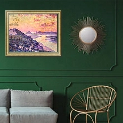 «Sunset at Ambleteuse, Pas-de-Calais, 1899» в интерьере классической гостиной с зеленой стеной над диваном
