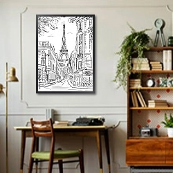 «Париж в Ч/Б рисунках #30» в интерьере кабинета в стиле ретро над столом