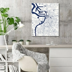 «План города Антверпен, Бельгия» в интерьере кабинета в скандинавском стиле с бетонной стеной