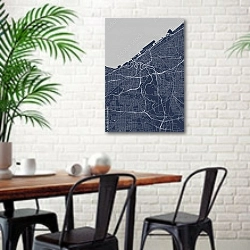 «План города Кливленд, Огайо, США» в интерьере столовой в скандинавском стиле с кирпичной стеной