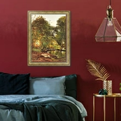 «Бегущий по лесу, закат» в интерьере спальни с акцентной стеной