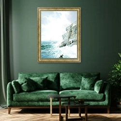 «Purgatory Cliff» в интерьере зеленой гостиной над диваном