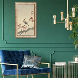 «Japanese waxwing on maple» в интерьере в классическом стиле с зеленой стеной