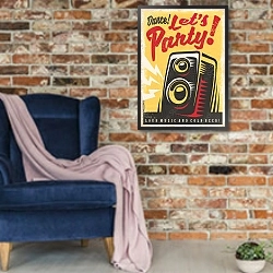 «Ретро плакат вечеинки» в интерьере в стиле лофт с кирпичной стеной и синим креслом