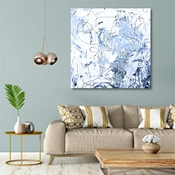 «Бело-голубая пастельная абстракция» в интерьере современной гостиной с голубыми стенами