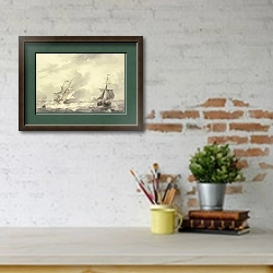 «Два корабля в открытом море, слева тонна» в интерьере кабинета с кирпичными стенами над письменным столом