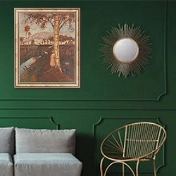 «Abend im Moor» в интерьере классической гостиной с зеленой стеной над диваном
