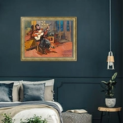 «Гитарист» в интерьере классической спальни с темными стенами