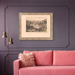 «Gezicht op het kasteel te Bouillon» в интерьере гостиной с розовым диваном