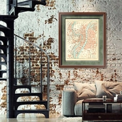 «План Лиона, конец 19 в. 1» в интерьере двухярусной гостиной в стиле лофт с кирпичной стеной