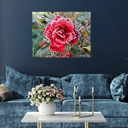 «Красная роза и иней» в интерьере современной гостиной в синем цвете