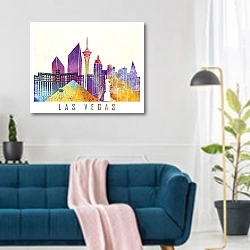 «Лас-Вегас: акварельные чудеса огней и небоскрёбов» в интерьере современной гостиной над синим диваном