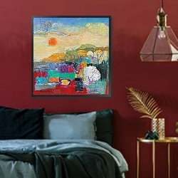 «Colours of Summer 2014 acrylic/paper collage» в интерьере спальни с акцентной стеной