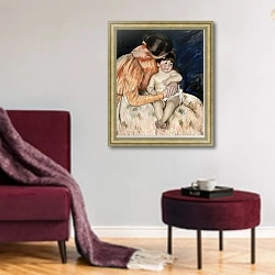 «Mother and Child, 1890s» в интерьере гостиной в бордовых тонах