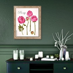 «Цветы и бутоны розового пиона» в интерьере прихожей в зеленых тонах над комодом