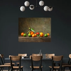 «Натюрморт с цитрусовыми» в интерьере столовой с черными стенами