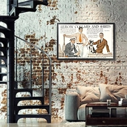 «Arrow collars & shirts. Saturday evening post» в интерьере двухярусной гостиной в стиле лофт с кирпичной стеной