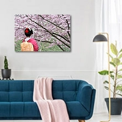 «Гейша и цветущее дерево сакуры» в интерьере современной гостиной над синим диваном