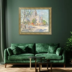 «Paris In Spring» в интерьере зеленой гостиной над диваном