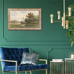 «Landschap met water en eenden» в интерьере в классическом стиле с зеленой стеной