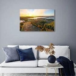 «Беларусь. Рассвет в парке Браславские озёра » в интерьере современной гостиной в синих тонах