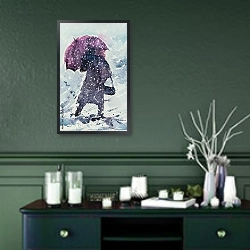 «Женщина с зонтиком во время снежной бури» в интерьере прихожей в зеленых тонах над комодом