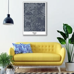 «Тула: Город на карте времени» в интерьере современной гостиной с желтым диваном