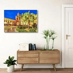 «Cathedral of Palermo at night» в интерьере современной прихожей над тумбой