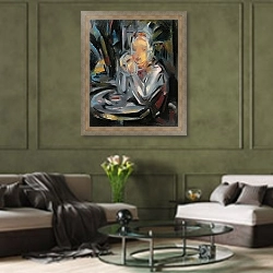 «Молодой Человек Сидит За Столом Лицом К Чашке» в интерьере гостиной в оливковых тонах