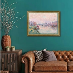 «Эйфелева башня в Париже» в интерьере гостиной с зеленой стеной над диваном