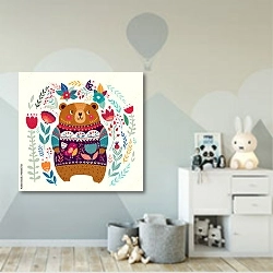 «Очаровательный медведь в цветастом свитере в цветах и листьях» в интерьере детской комнаты для мальчика с росписью на стенах