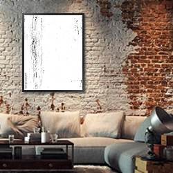 «Белая абстракция с черными мазками» в интерьере гостиной в стиле лофт с кирпичной стеной