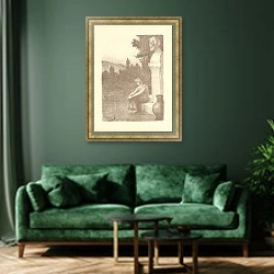 «Illustration pour La jarre couronnée de Marcel Schwob» в интерьере зеленой гостиной над диваном