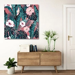 «Зеленые пальмовые листья и тропические розовые цветы» в интерьере современной прихожей над тумбой