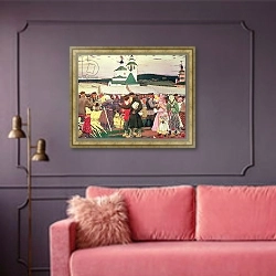 «The Fair, 1906 1» в интерьере гостиной с розовым диваном