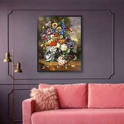 «Still Life with Roses, Delphiniums, Poppies, and Marigolds on a Ledge,» в интерьере гостиной с розовым диваном
