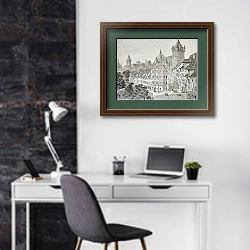 «Panierplatz in Nuremberg, Germany. Created by Therond, published on Le Tour du Monde, Paris, 1864» в интерьере кабинета в черно-белых цветах