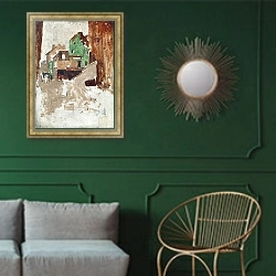 «Улица на Монмартре, Париж» в интерьере классической гостиной с зеленой стеной над диваном