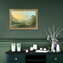 «Bey Airolo am Fusse des St Gotthard im Livinerthal» в интерьере прихожей в зеленых тонах над комодом