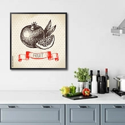 «Иллюстрация с гранатом» в интерьере кухни в голубых тонах