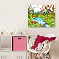 «Дикие животные у реки» в интерьере детской комнаты для девочки с розовыми деталями