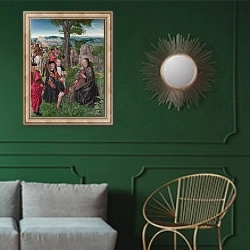 «Saint Giles and the Hind» в интерьере классической гостиной с зеленой стеной над диваном