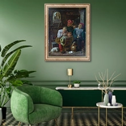 «Крестьяне в погребе» в интерьере гостиной в зеленых тонах