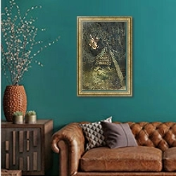 «Пейзаж. Домик на курьих ножках» в интерьере гостиной с зеленой стеной над диваном