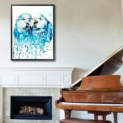 «Голубые попугайчики, акварель» в интерьере классической гостиной над камином