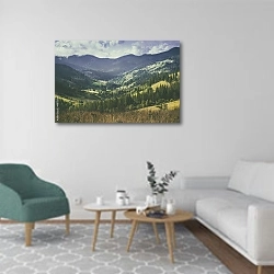 «Карпатский горный пейзаж» в интерьере гостиной в скандинавском стиле с зеленым креслом