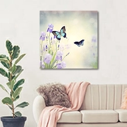 «Голубые бабочки над фиолетовыми ирисами » в интерьере современной светлой гостиной над диваном